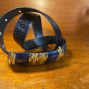 Vintage Blue Snake-Embossed Leather Belt With Gold Accents Adjustable Fit Jana D